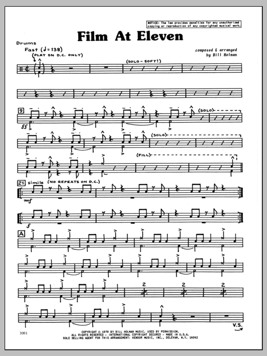 Learn to play Bill Holman Film At Eleven - Drums sheet music for Jazz Ensemble in minutes. Bill Holman Film At Eleven - Drums sheet music preview music notes and score for Jazz Ensemble including 5 page(s)