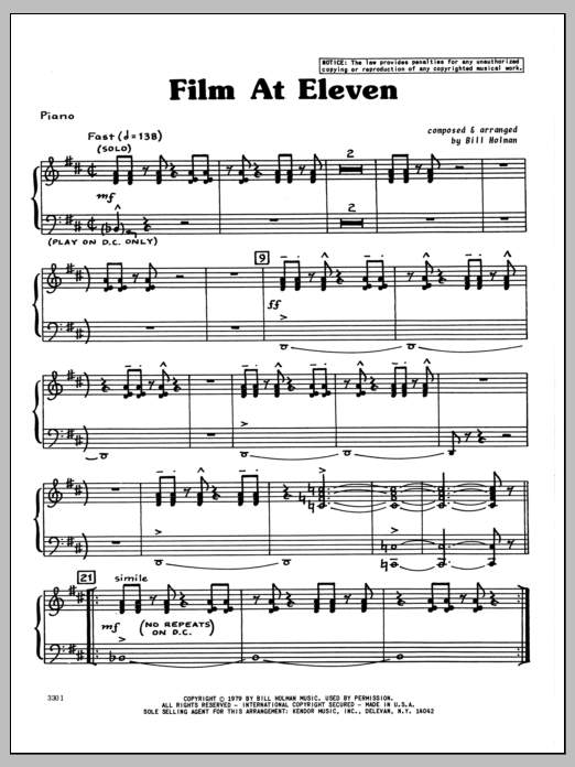 Learn to play Bill Holman Film At Eleven - Piano sheet music for Jazz Ensemble in minutes. Bill Holman Film At Eleven - Piano sheet music preview music notes and score for Jazz Ensemble including 6 page(s)