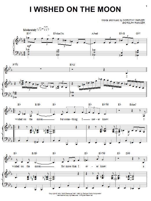 Learn to play Bill Perkins I Wished On The Moon sheet music for Piano, Vocal & Guitar (Right-Hand Melody) in minutes. Bill Perkins I Wished On The Moon sheet music preview music notes and score for Piano, Vocal & Guitar (Right-Hand Melody) including 3 page(s)