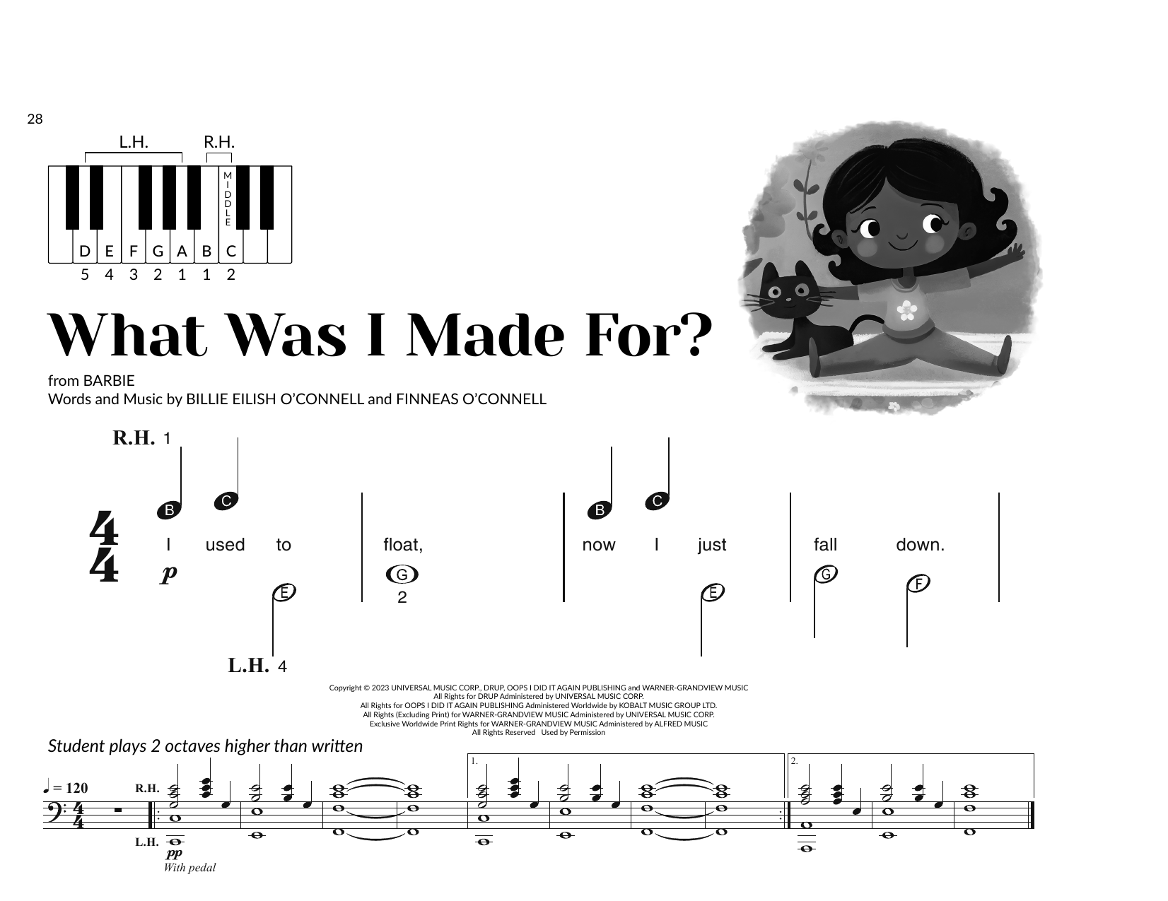 Billie Eilish What Was I Made For? (arr. Brittany McCorriston) sheet music, chords, lyrics - Printable PDF for Very Beginner Piano