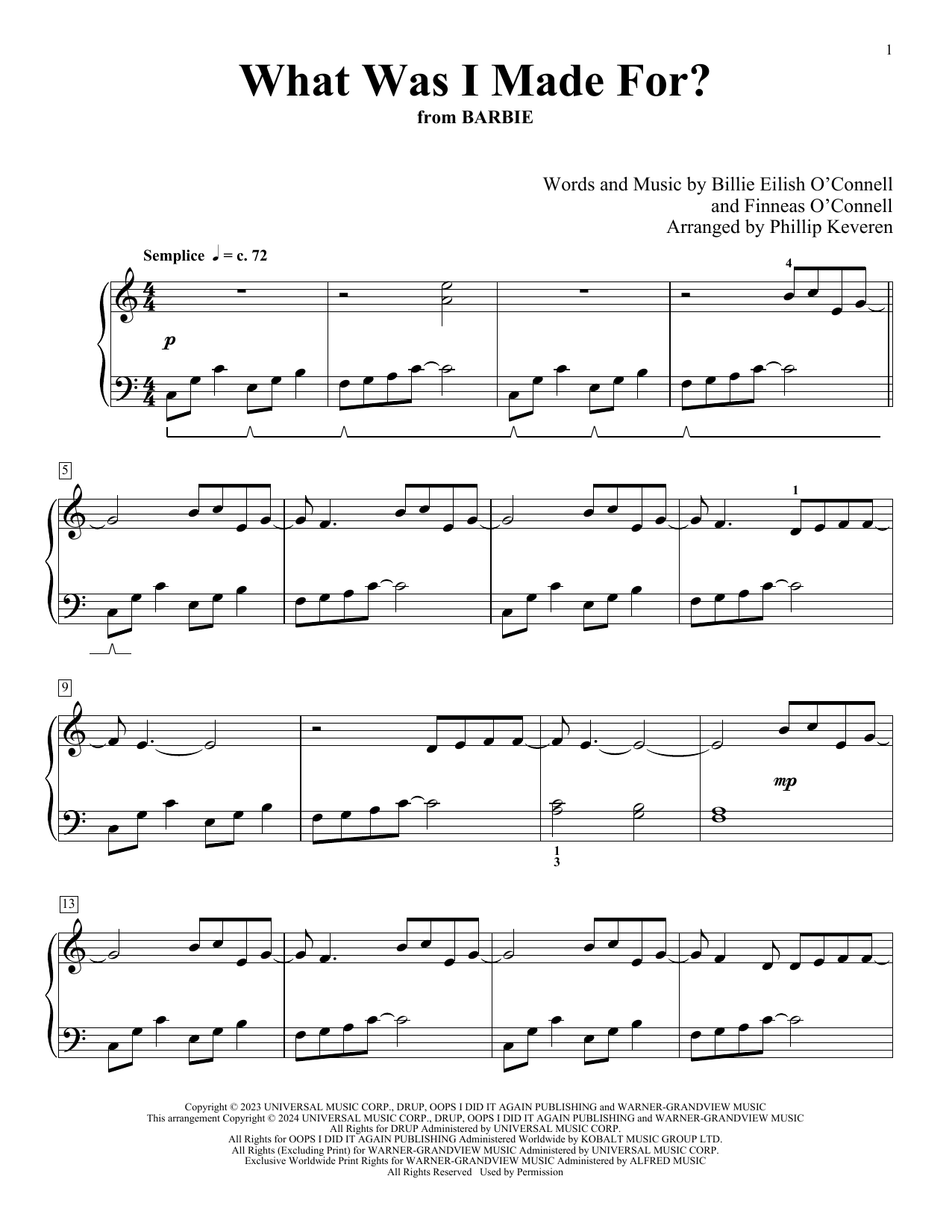 Billie Eilish What Was I Made For? (from Barbie) (arr. Phillip Keveren) sheet music, chords, lyrics - Printable PDF for Piano Solo