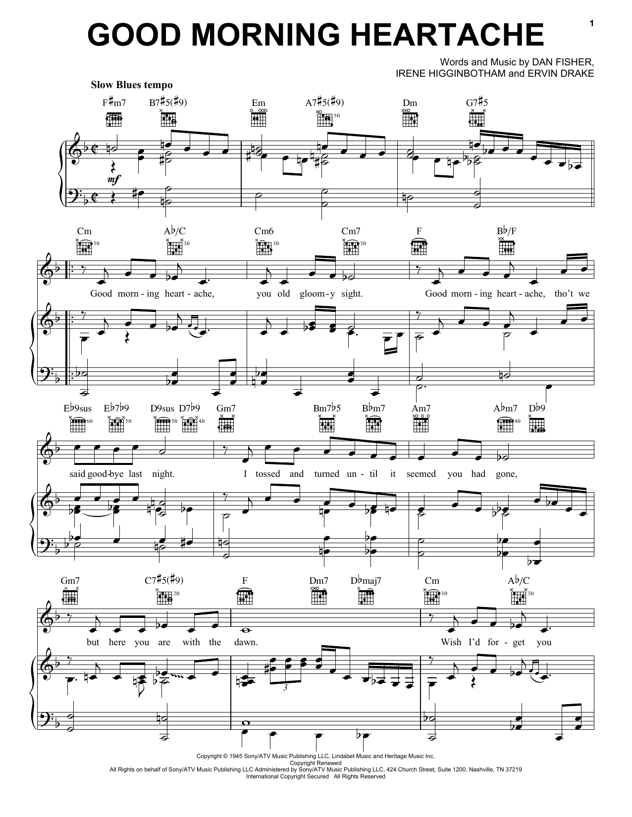 Download Billie Holiday Good Morning Heartache sheet music notes and chords for Piano, Vocal & Guitar (Right-Hand Melody) - Download Printable PDF and start playing in minutes.