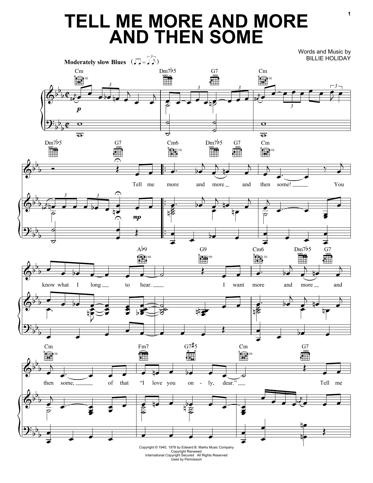 Billie Holiday Tell Me More And More And Then Some sheet music, chords, lyrics - Printable PDF for Piano, Vocal & Guitar (Right-Hand Melody)