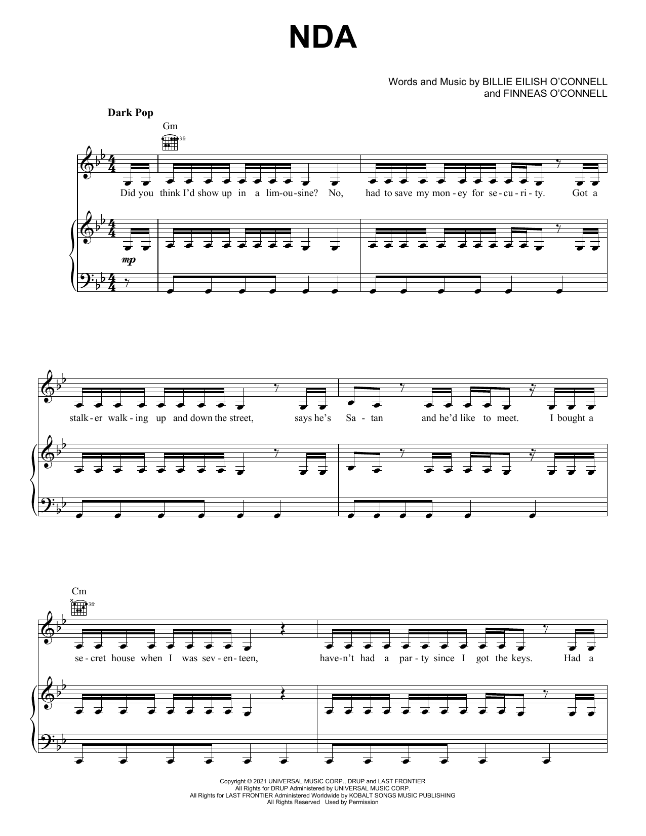 Learn to play Billie Eilish NDA sheet music for Piano, Vocal & Guitar (Right-Hand Melody) in minutes. Billie Eilish NDA sheet music preview music notes and score for Piano, Vocal & Guitar (Right-Hand Melody) including 7 page(s)