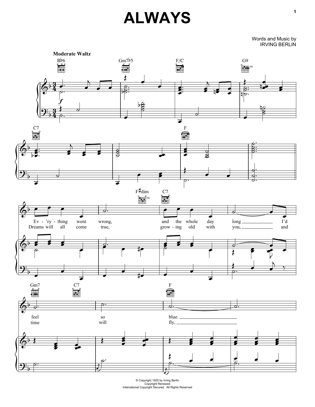 Billie Holiday Always sheet music preview music notes and score for Piano, Vocal & Guitar (Right-Hand Melody) including 4 page(s)