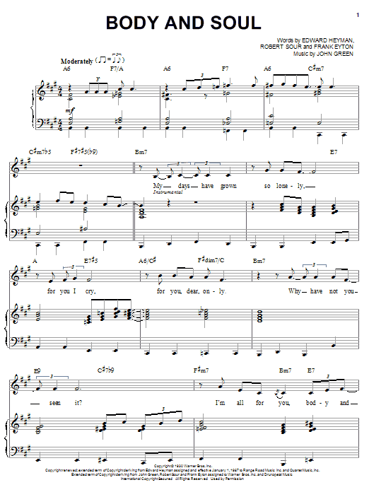 Learn to play Billie Holiday Body And Soul sheet music for Piano, Vocal & Guitar (Right-Hand Melody) in minutes. Billie Holiday Body And Soul sheet music preview music notes and score for Piano, Vocal & Guitar (Right-Hand Melody) including 4 page(s)