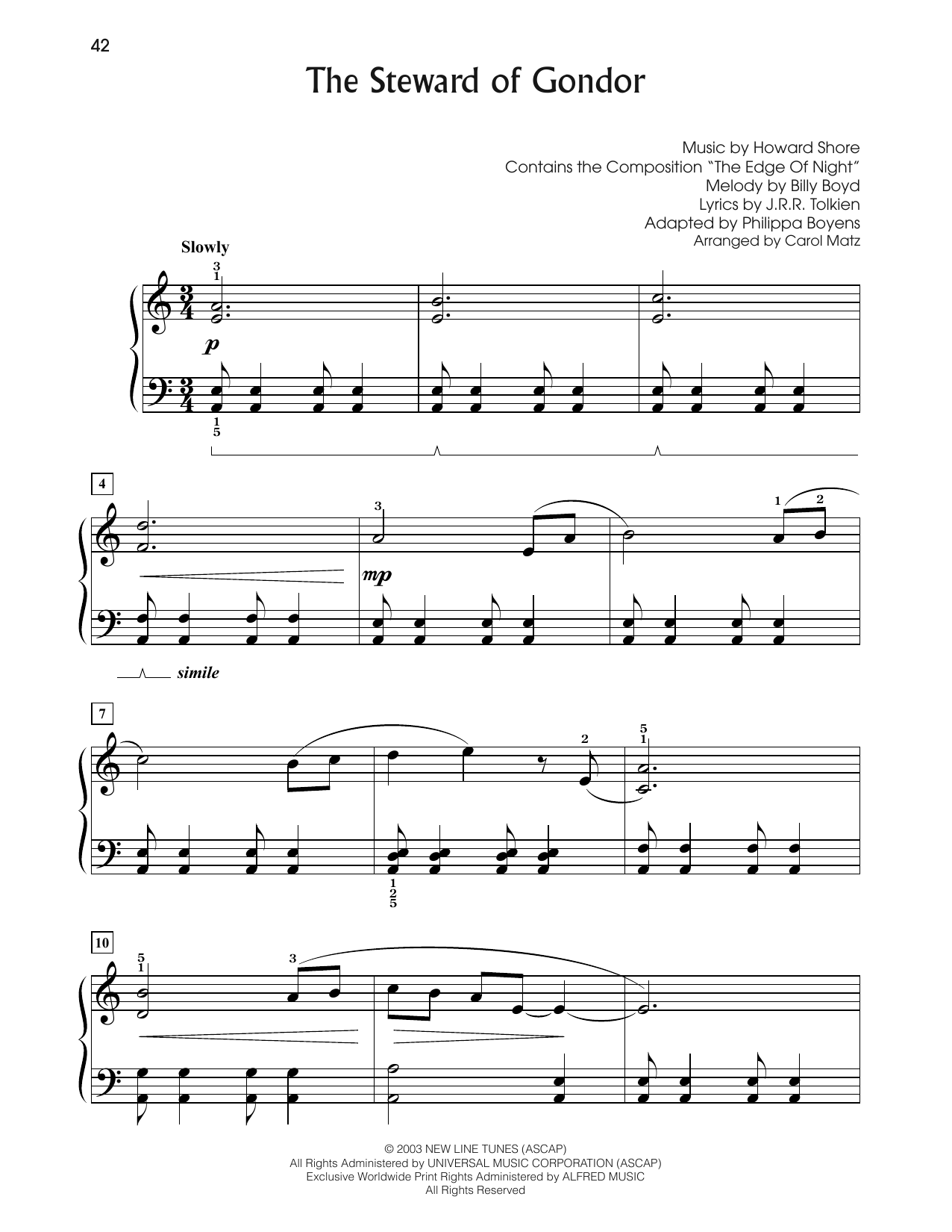 Billy Boyd The Steward of Gondor (from The Lord Of The Rings: The Return Of The King) (arr. Carol Matz) sheet music, chords, lyrics - Printable PDF for Big Note Piano