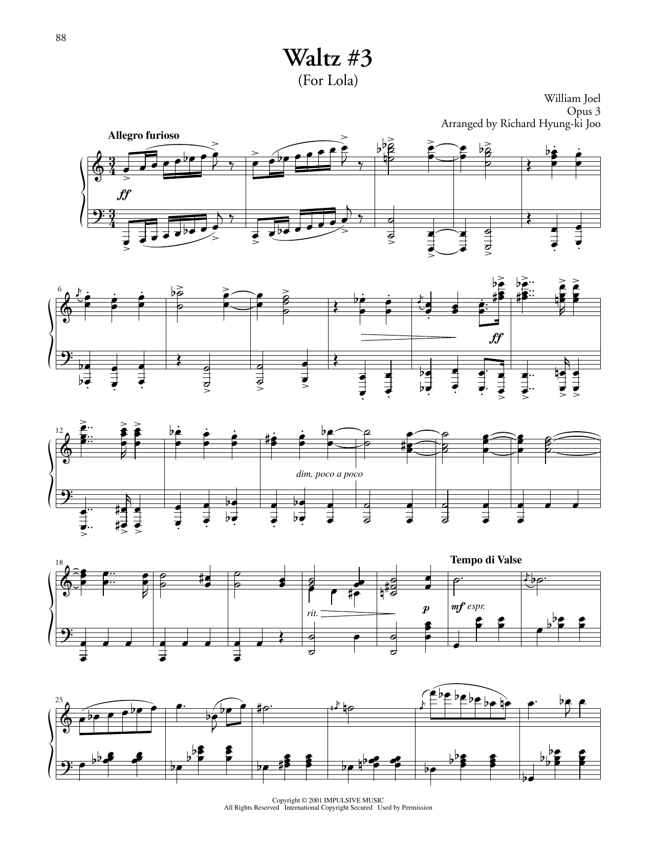 Billy Joel Waltz #3 (For Lola) sheet music, chords, lyrics - Printable PDF for Piano Solo