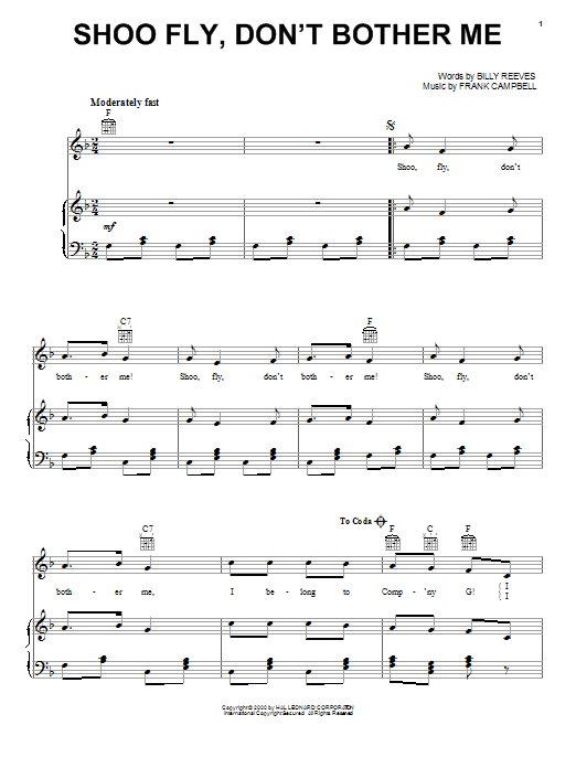 Download Billy Reeves Shoo Fly, Don't Bother Me sheet music notes and chords for Piano, Vocal & Guitar (Right-Hand Melody) - Download Printable PDF and start playing in minutes.