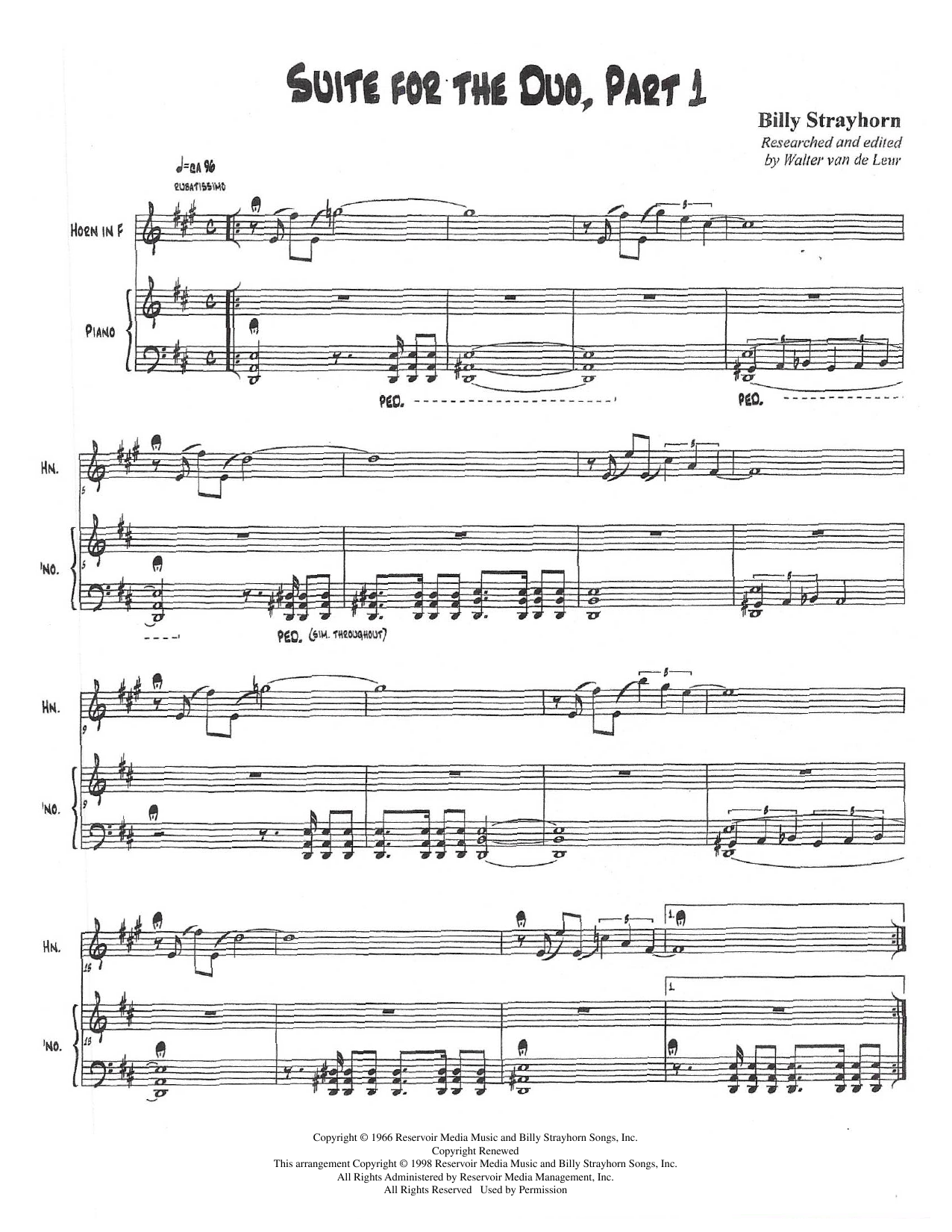 Billy Strayhorn Suite For The Duo (Parts 1-3) sheet music, chords, lyrics - Printable PDF for French Horn and Piano