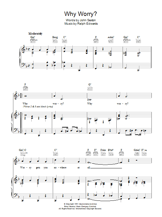 Learn to play Billy Cotton Why Worry sheet music for Piano, Vocal & Guitar (Right-Hand Melody) in minutes. Billy Cotton Why Worry sheet music preview music notes and score for Piano, Vocal & Guitar (Right-Hand Melody) including 5 page(s)
