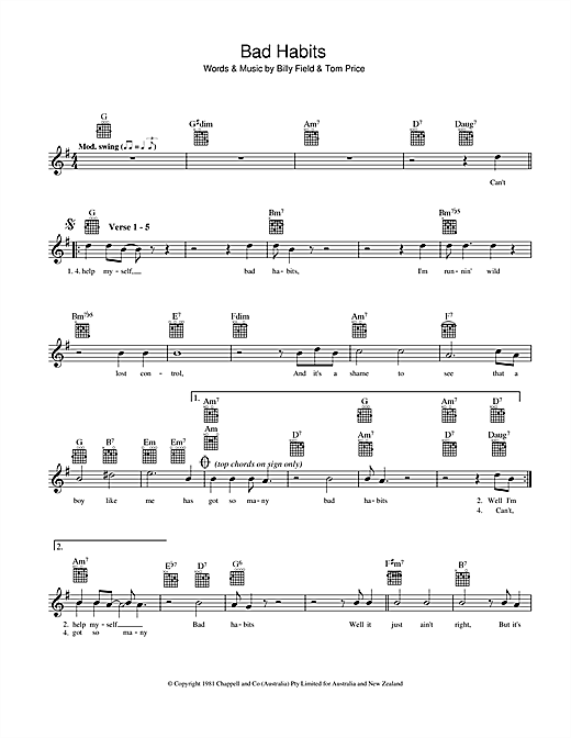 Learn to play Billy Field Bad Habits sheet music for Melody Line, Lyrics & Chords in minutes. Billy Field Bad Habits sheet music preview music notes and score for Melody Line, Lyrics & Chords including 2 page(s)