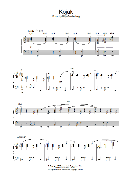 Billy Goldenberg Theme from Kojak sheet music preview music notes and score for Piano including 2 page(s)