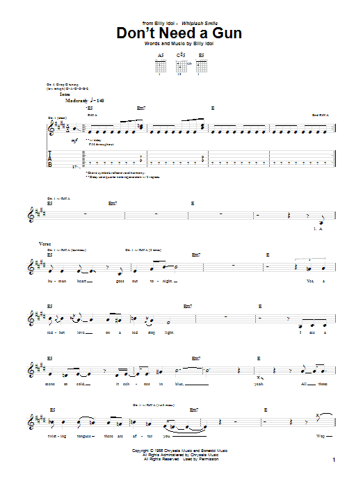 Learn to play Billy Idol Don't Need A Gun sheet music for Piano, Vocal & Guitar (Right-Hand Melody) in minutes. Billy Idol Don't Need A Gun sheet music preview music notes and score for Piano, Vocal & Guitar (Right-Hand Melody) including 12 page(s)