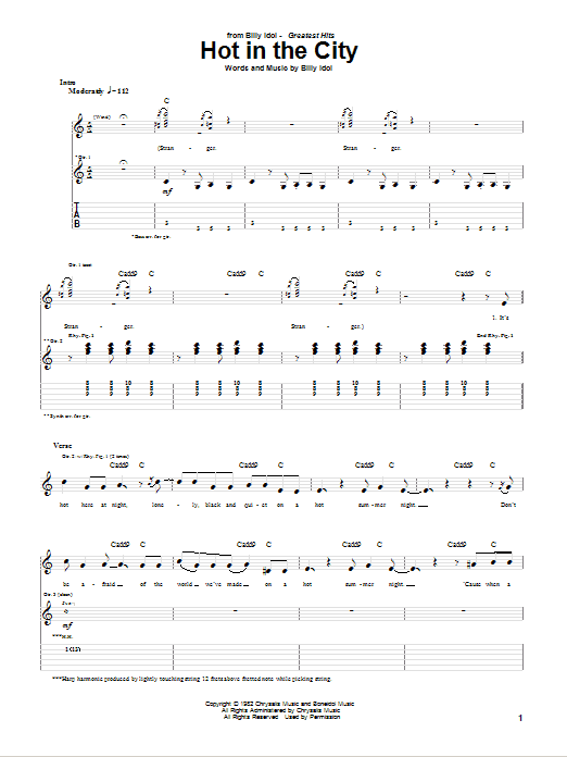 Learn to play Billy Idol Hot In The City sheet music for Piano, Vocal & Guitar (Right-Hand Melody) in minutes. Billy Idol Hot In The City sheet music preview music notes and score for Piano, Vocal & Guitar (Right-Hand Melody) including 5 page(s)