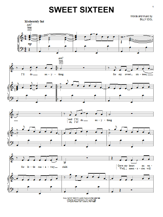 Learn to play Billy Idol Sweet Sixteen sheet music for Piano, Vocal & Guitar (Right-Hand Melody) in minutes. Billy Idol Sweet Sixteen sheet music preview music notes and score for Piano, Vocal & Guitar (Right-Hand Melody) including 10 page(s)