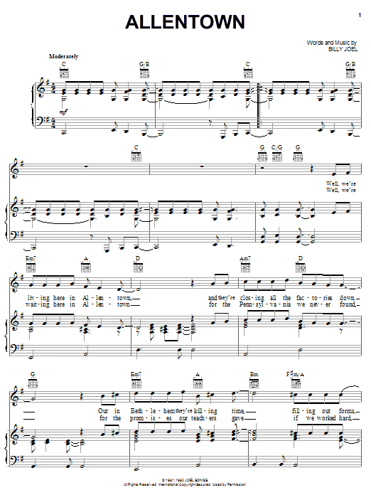 Learn to play Billy Joel Allentown sheet music for Piano, Vocal & Guitar (Right-Hand Melody) in minutes. Billy Joel Allentown sheet music notes and chords