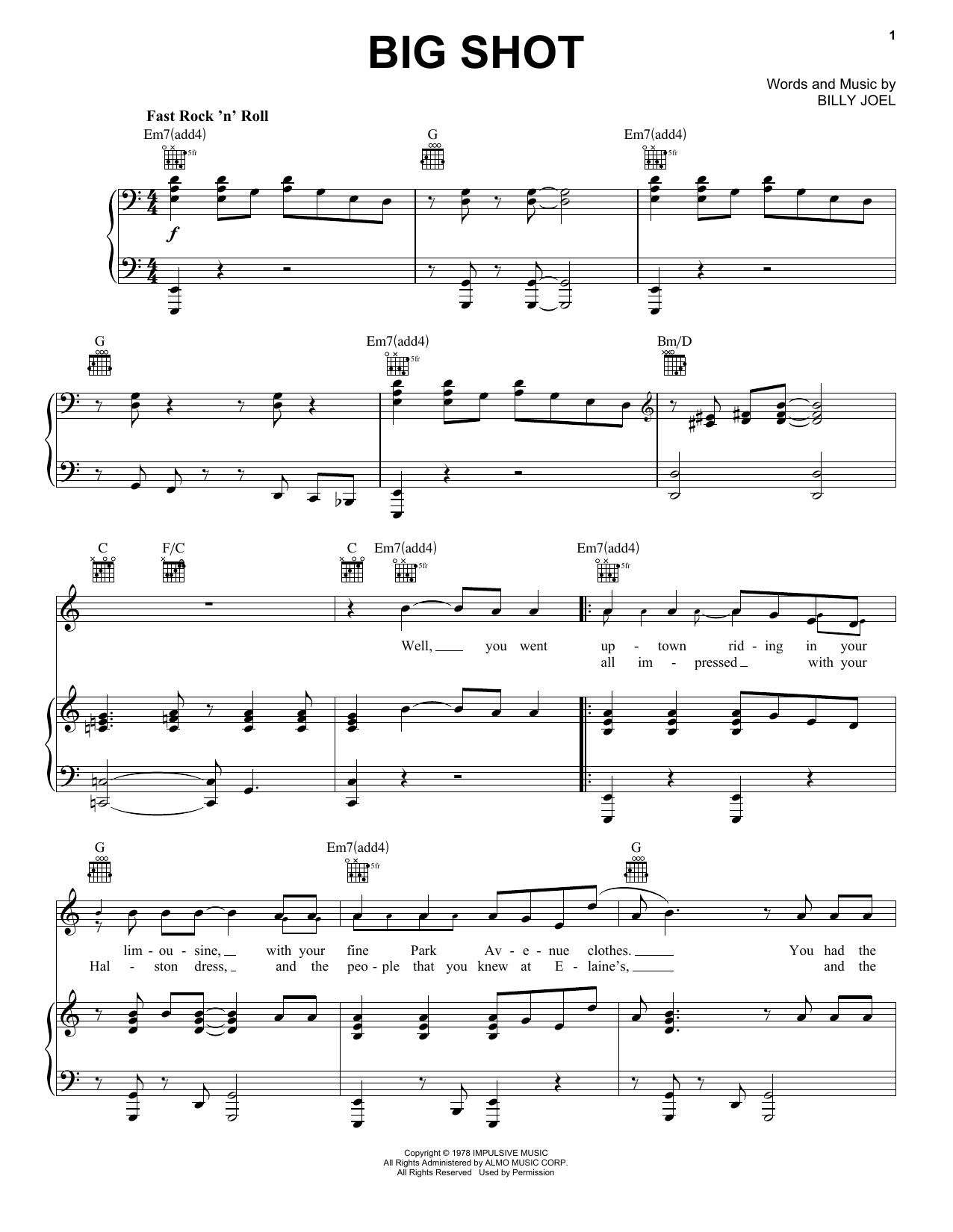 Billy Joel Big Shot sheet music preview music notes and score for Lyrics & Chords including 4 page(s)