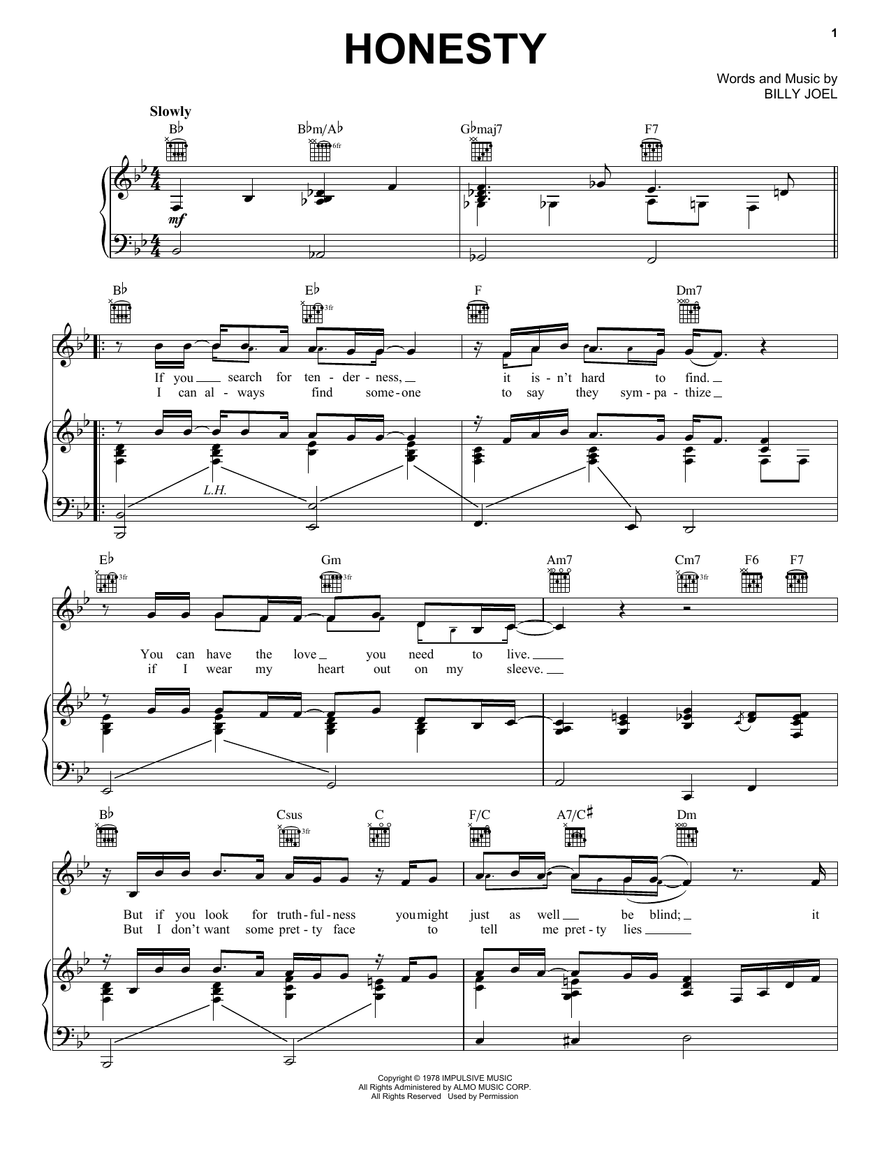 Billy Joel Honesty sheet music preview music notes and score for Lyrics & Chords including 3 page(s)