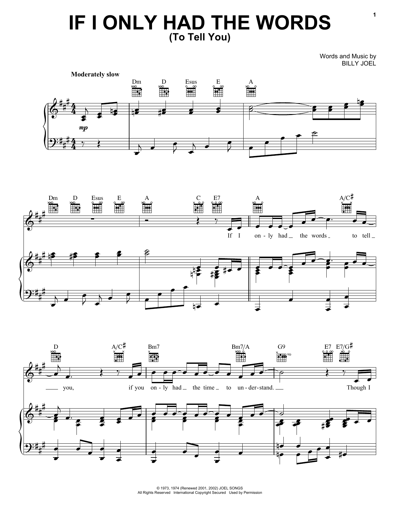 Billy Joel If I Only Had The Words (To Tell You) sheet music preview music notes and score for Piano, Vocal & Guitar (Right-Hand Melody) including 5 page(s)
