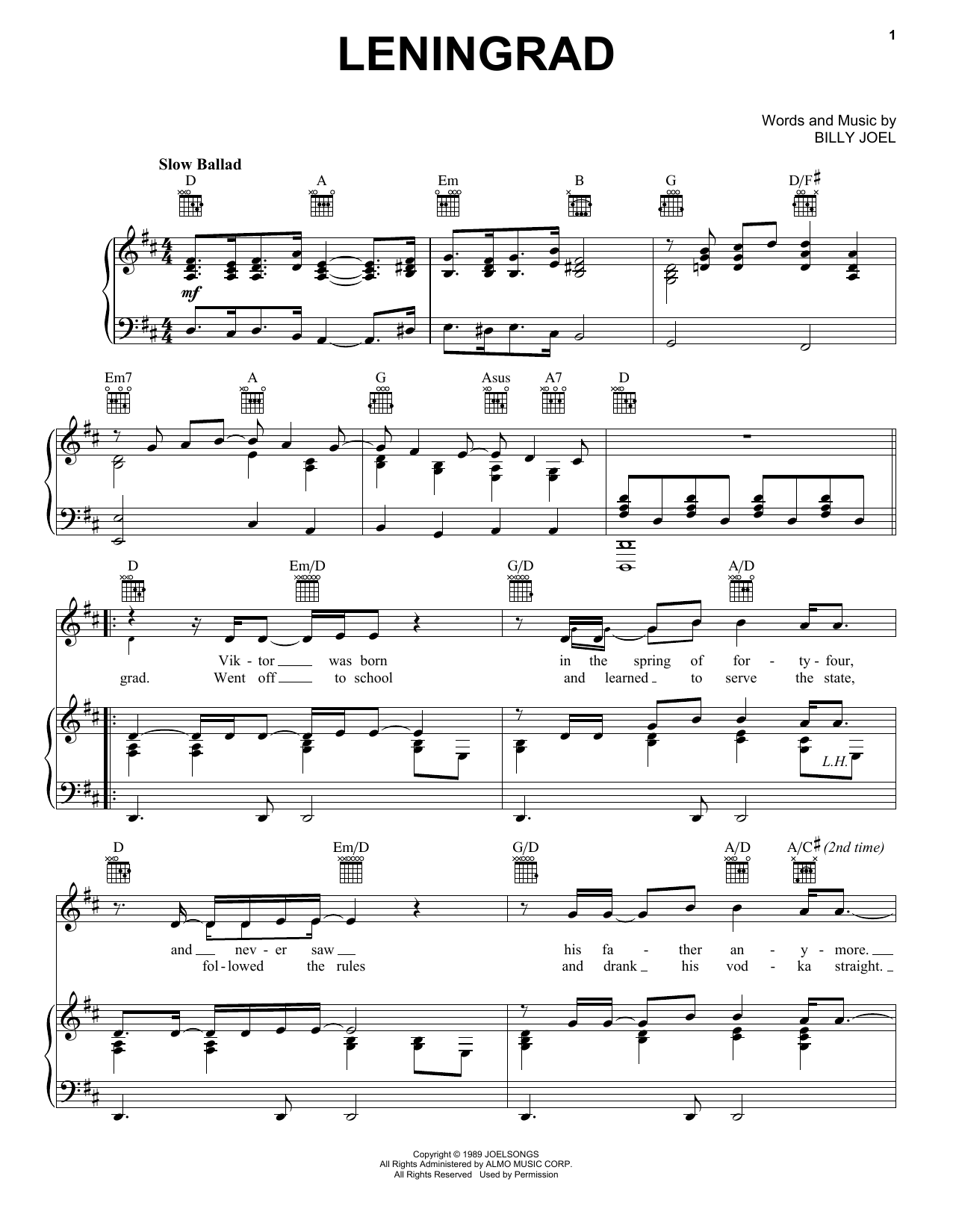 Billy Joel Leningrad sheet music preview music notes and score for Lyrics & Chords including 3 page(s)