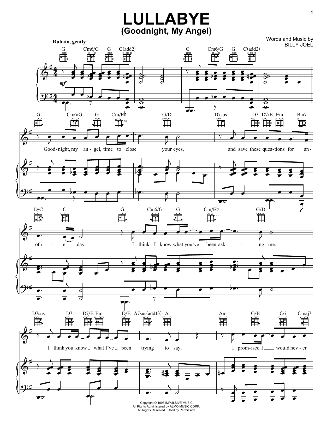 Billy Joel Lullabye (Goodnight, My Angel) sheet music preview music notes and score for Lyrics & Chords including 3 page(s)