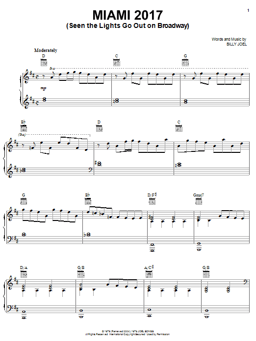 Learn to play Billy Joel Miami 2017 (Seen The Lights Go Out On Broadway) sheet music for Lyrics & Chords in minutes. Billy Joel Miami 2017 (Seen The Lights Go Out On Broadway) sheet music preview music notes and score for Lyrics & Chords including 4 page(s)