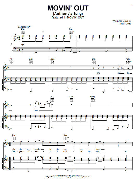Learn to play Billy Joel Movin' Out (Anthony's Song) sheet music for Lyrics & Chords in minutes. Billy Joel Movin' Out (Anthony's Song) sheet music preview music notes and score for Lyrics & Chords including 3 page(s)