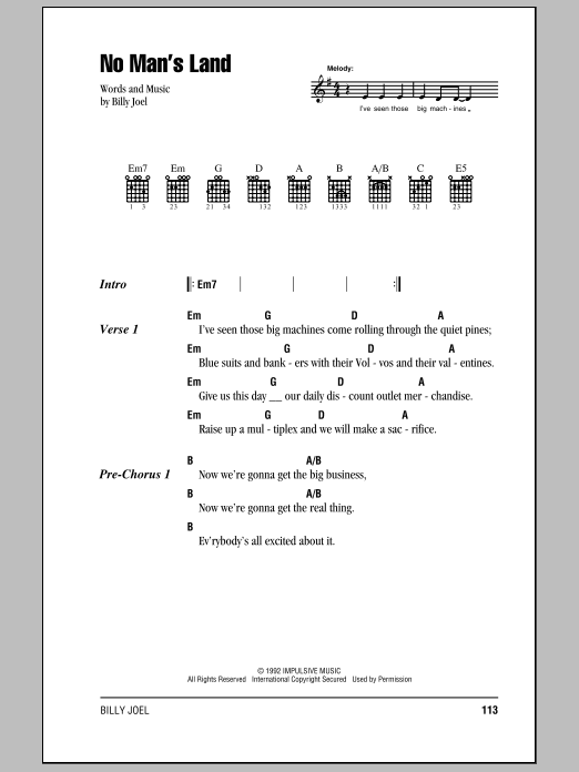 Billy Joel No Man's Land sheet music preview music notes and score for Lyrics & Chords including 3 page(s)
