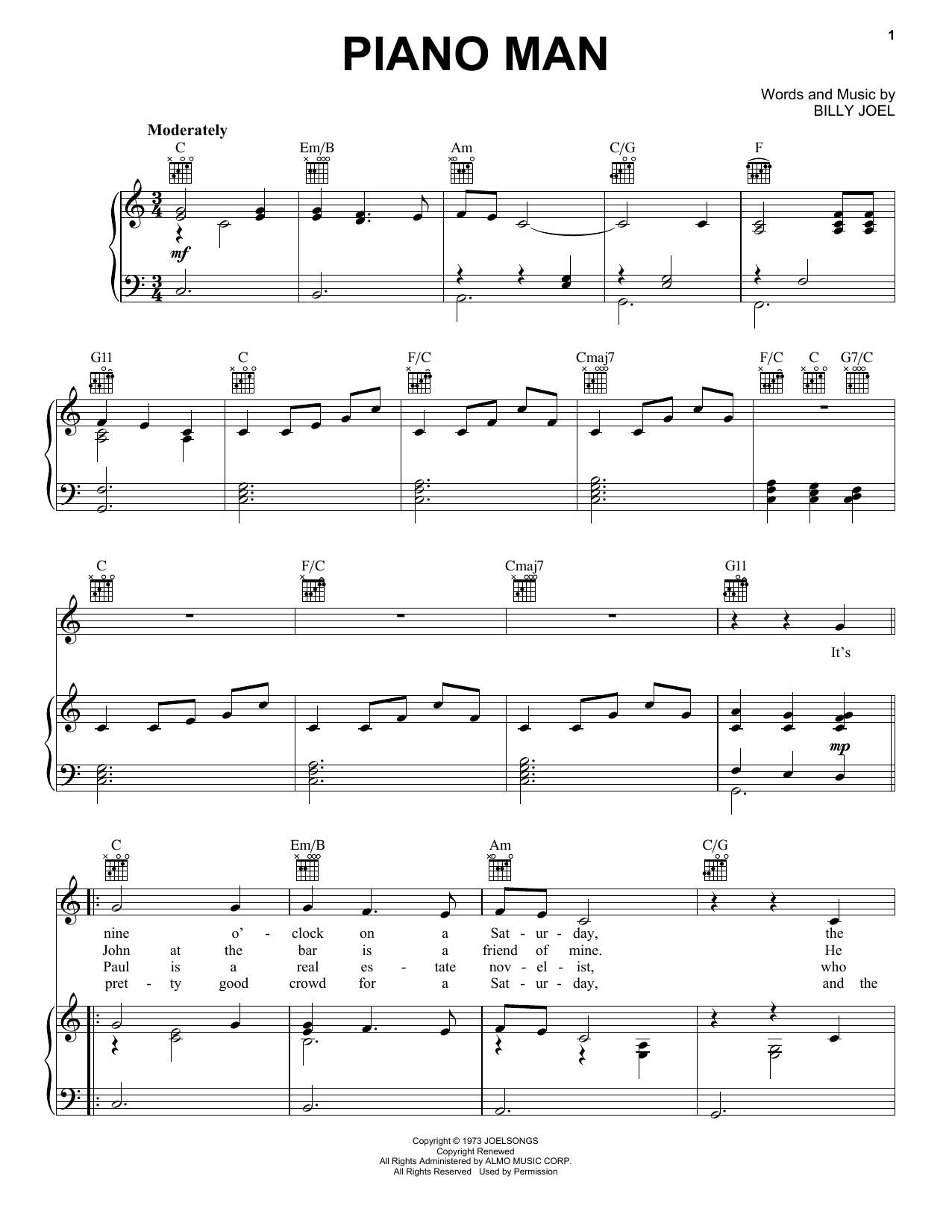 Billy Joel Piano Man sheet music preview music notes and score for Piano, Vocal & Guitar (Right-Hand Melody) including 5 page(s)