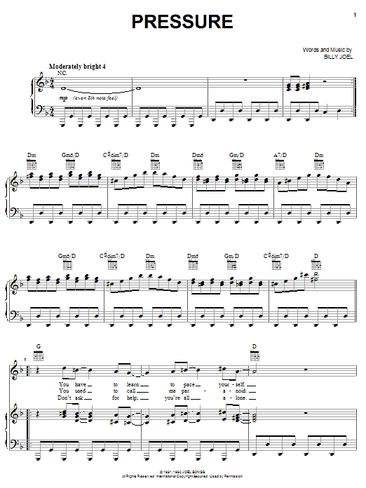 Learn to play Billy Joel Pressure sheet music for Piano, Vocal & Guitar (Right-Hand Melody) in minutes. Billy Joel Pressure sheet music notes and chords