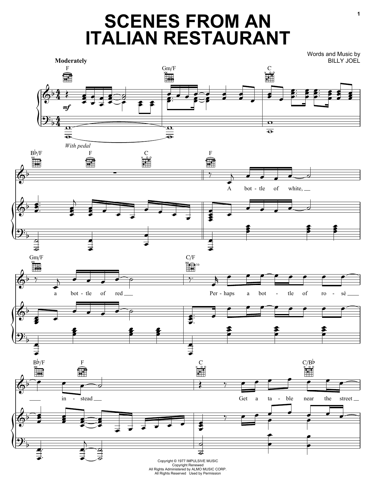 Learn to play Billy Joel Scenes From An Italian Restaurant sheet music for Piano, Vocal & Guitar (Right-Hand Melody) in minutes. Billy Joel Scenes From An Italian Restaurant sheet music preview music notes and score for Piano, Vocal & Guitar (Right-Hand Melody) including 13 page(s)