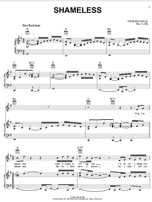 Learn to play Billy Joel Shameless sheet music for Piano, Vocal & Guitar (Right-Hand Melody) in minutes. Billy Joel Shameless sheet music notes and chords