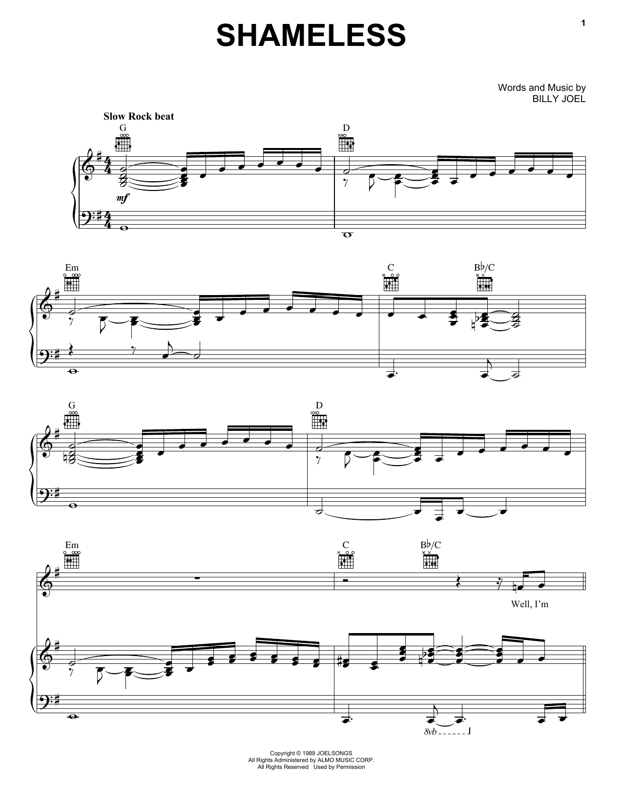 Billy Joel Shameless sheet music preview music notes and score for Lyrics & Chords including 3 page(s)