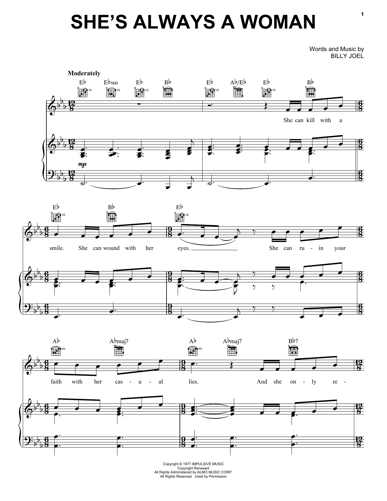 Billy Joel She's Always A Woman sheet music preview music notes and score for Lyrics & Chords including 3 page(s)