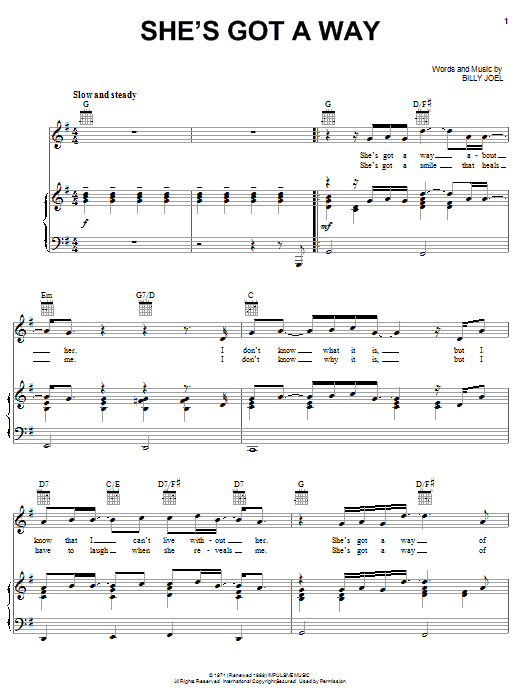 Learn to play Billy Joel She's Got A Way sheet music for Piano, Vocal & Guitar (Right-Hand Melody) in minutes. Billy Joel She's Got A Way sheet music notes and chords