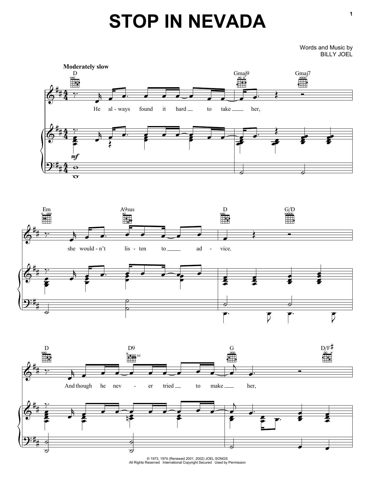 Learn to play Billy Joel Stop In Nevada sheet music for Piano, Vocal & Guitar (Right-Hand Melody) in minutes. Billy Joel Stop In Nevada sheet music preview music notes and score for Piano, Vocal & Guitar (Right-Hand Melody) including 6 page(s)