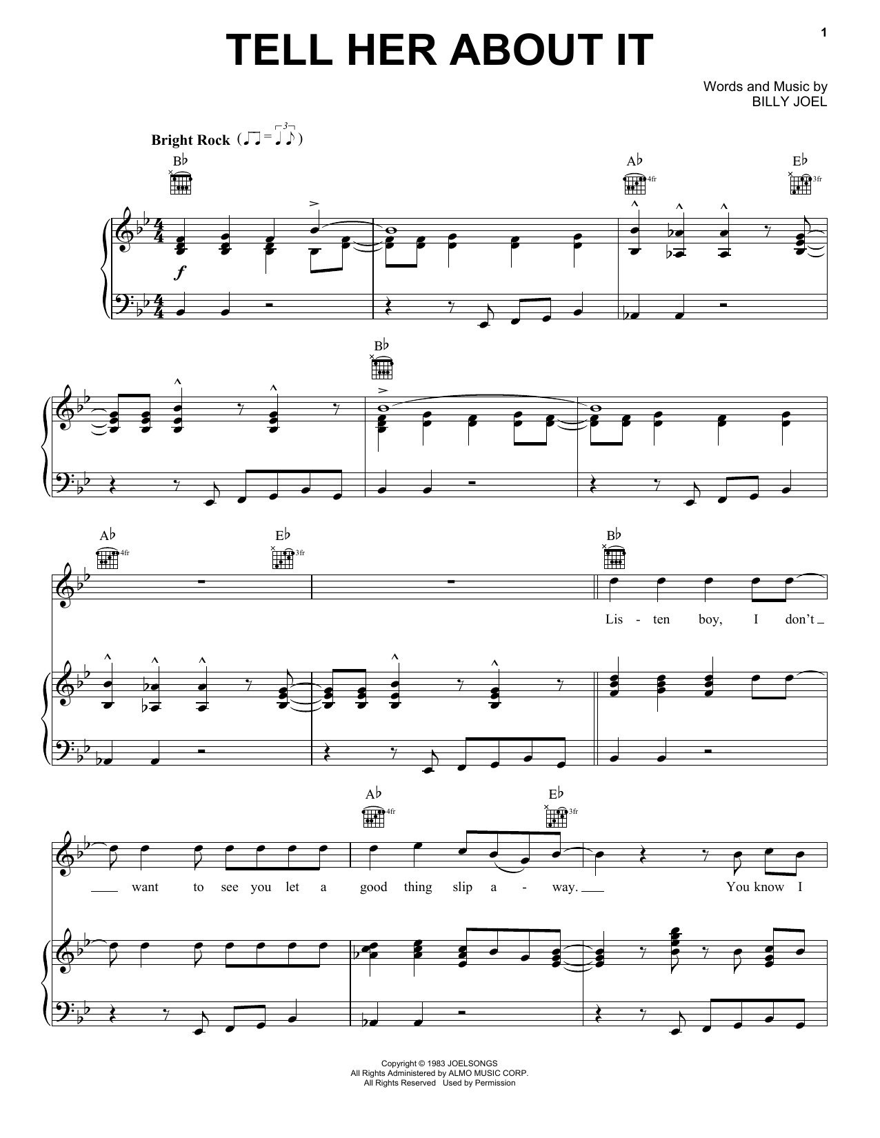 Billy Joel Tell Her About It sheet music preview music notes and score for Lyrics & Chords including 3 page(s)