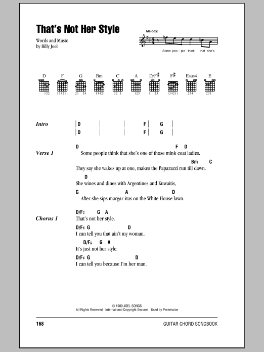 Learn to play Billy Joel That's Not Her Style sheet music for Lyrics & Chords in minutes. Billy Joel That's Not Her Style sheet music preview music notes and score for Lyrics & Chords including 3 page(s)