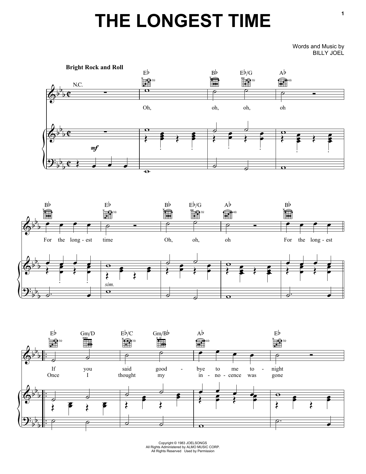 Billy Joel The Longest Time sheet music preview music notes and score for Lyrics & Chords including 4 page(s)