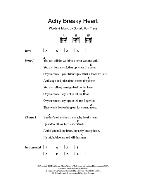 Billy Ray Cyrus Achy Breaky Heart sheet music, chords, lyrics - Printable PDF for Lyrics & Chords