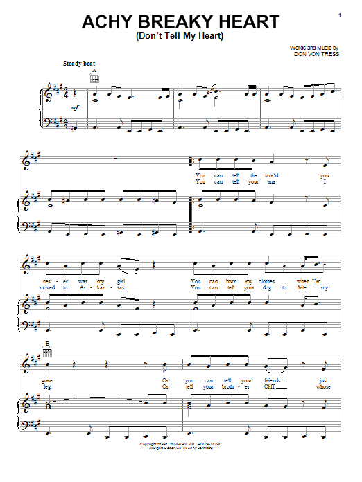 Billy Ray Cyrus Achy Breaky Heart (Don't Tell My Heart) sheet music preview music notes and score for Super Easy Piano including 2 page(s)