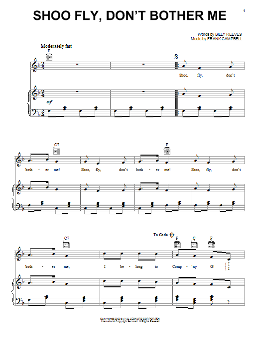 Learn to play Billy Reeves Shoo Fly, Don't Bother Me sheet music for Piano, Vocal & Guitar (Right-Hand Melody) in minutes. Billy Reeves Shoo Fly, Don't Bother Me sheet music notes and chords