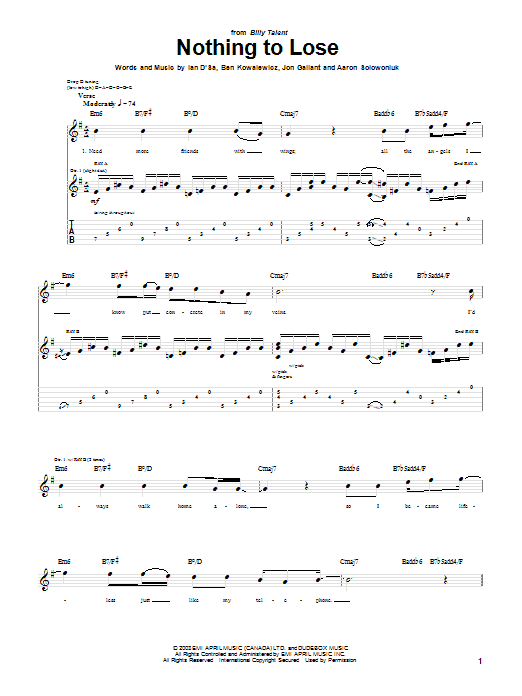 Learn to play Billy Talent Nothing To Lose sheet music for Guitar Tab in minutes. Billy Talent Nothing To Lose sheet music preview music notes and score for Guitar Tab including 5 page(s)