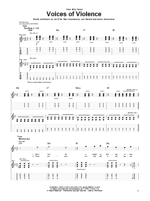 Learn to play Billy Talent Voices Of Violence sheet music for Guitar Tab in minutes. Billy Talent Voices Of Violence sheet music preview music notes and score for Guitar Tab including 5 page(s)
