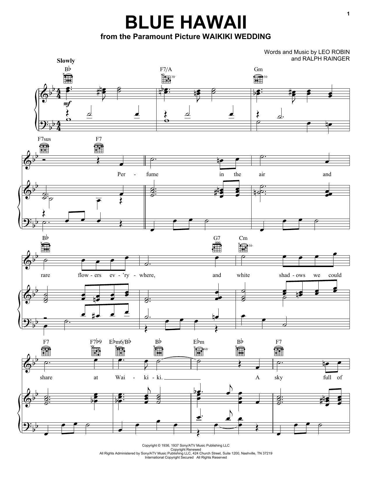Billy Vaughn Blue Hawaii sheet music preview music notes and score for Piano, Vocal & Guitar (Right-Hand Melody) including 4 page(s)