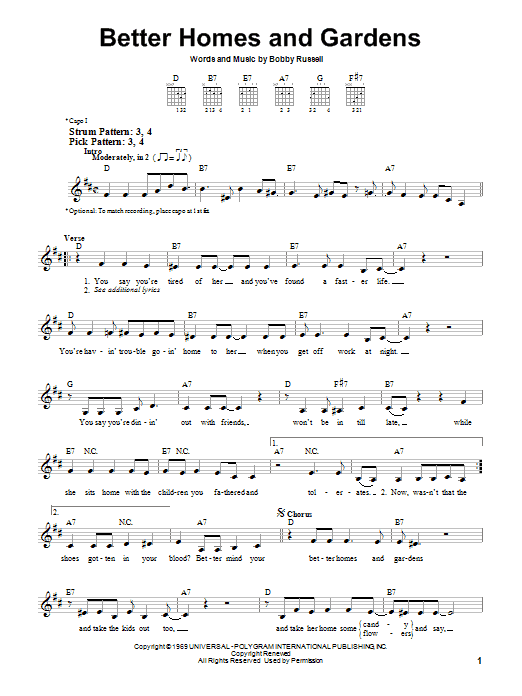 Learn to play Billy Walker Better Homes And Gardens sheet music for Easy Guitar in minutes. Billy Walker Better Homes And Gardens sheet music preview music notes and score for Easy Guitar including 3 page(s)