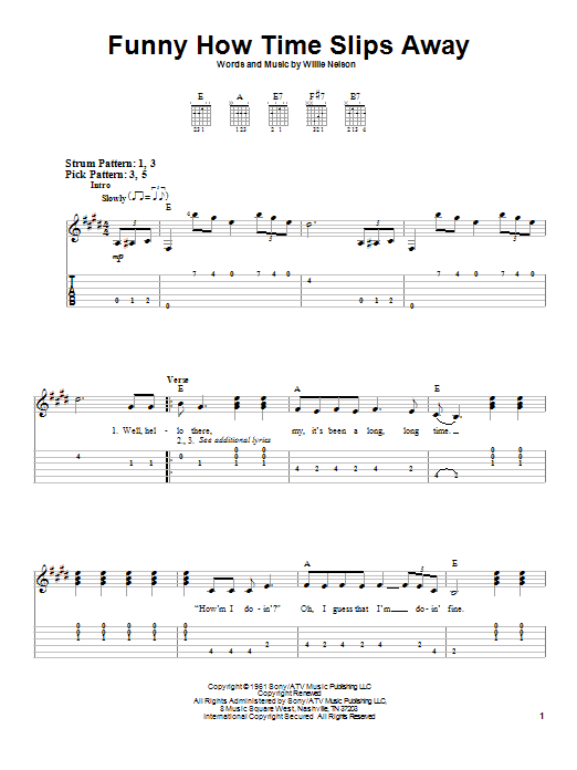Billy Walker Funny How Time Slips Away sheet music preview music notes and score for Easy Guitar Tab including 2 page(s)