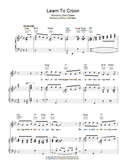 Learn to play Bing Crosby Learn To Croon sheet music for Piano, Vocal & Guitar (Right-Hand Melody) in minutes. Bing Crosby Learn To Croon sheet music preview music notes and score for Piano, Vocal & Guitar (Right-Hand Melody) including 4 page(s)