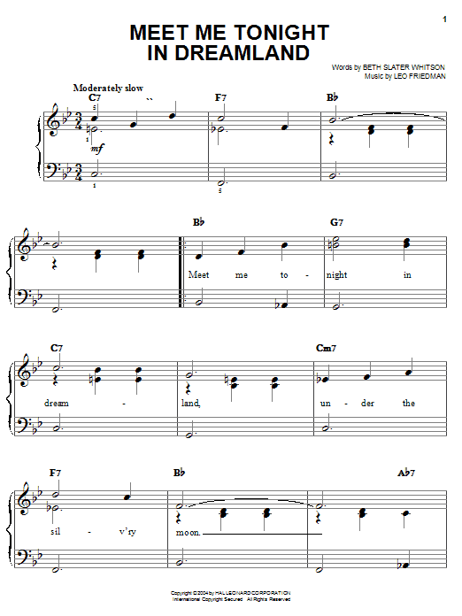 Learn to play Bing Crosby Meet Me Tonight In Dreamland sheet music for Easy Piano in minutes. Bing Crosby Meet Me Tonight In Dreamland sheet music preview music notes and score for Easy Piano including 3 page(s)